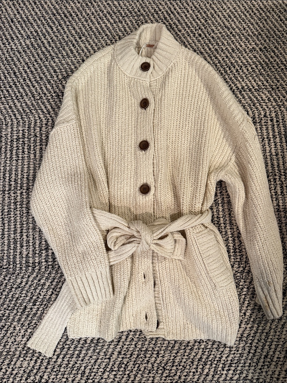 Free People Cream Knit Button-Front Belted Cardigan
